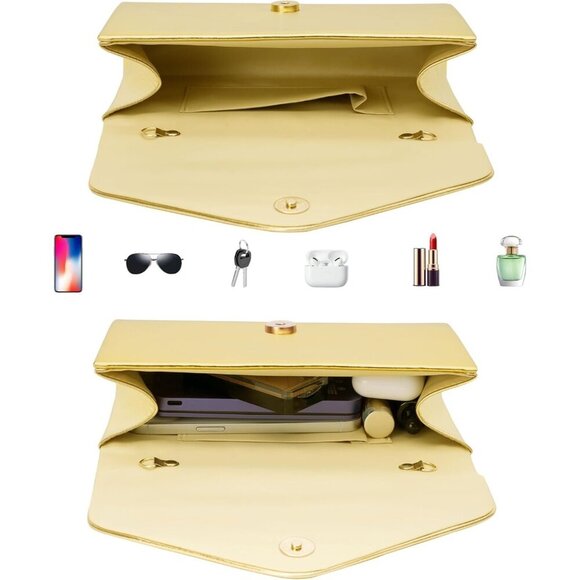 🆕Women Gold Metallic Vegan Leather Evening Clutch Bag with Chain Strap Wedding - Picture 4 of 7